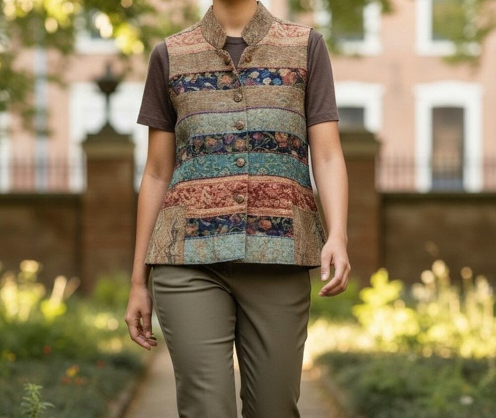 TravelSmith Women's Large Brown Paisley Tapestry Button-Up Vest